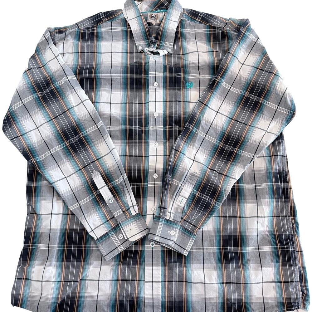 Cinch Men's XXL Plaid Button Down Shirt Gray Teal Long Sleeve Western Cotton